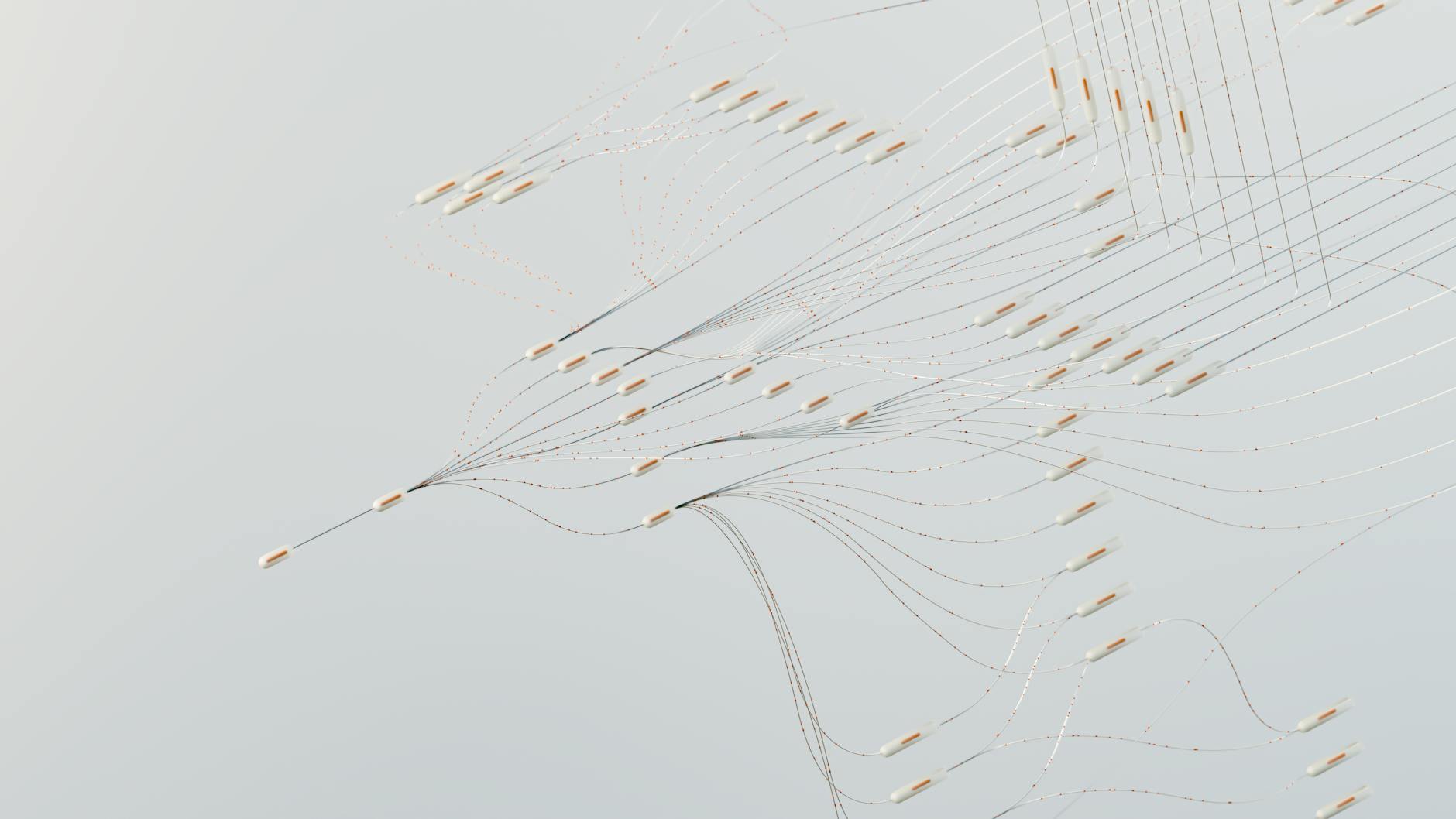 Abstract visualization of a machine learning pipeline with flowing data and neural network nodes